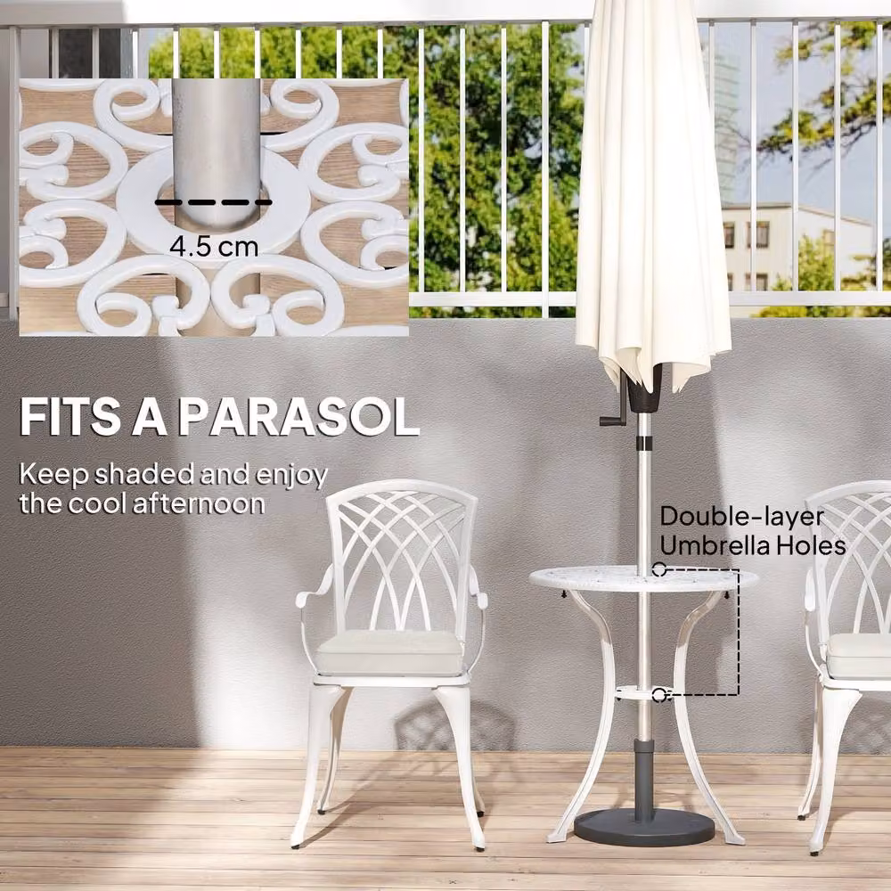 OUTSUNNY 3 Piece Aluminium Garden Coffee Table Set with Cushions and Parasol Hole in White – 3