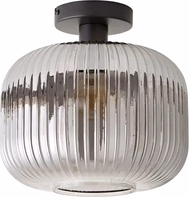 Calpe Semi Flush Ceiling Light with Black Metal Frame and Smoked Transparent Glass Ribbed Sphere Shade