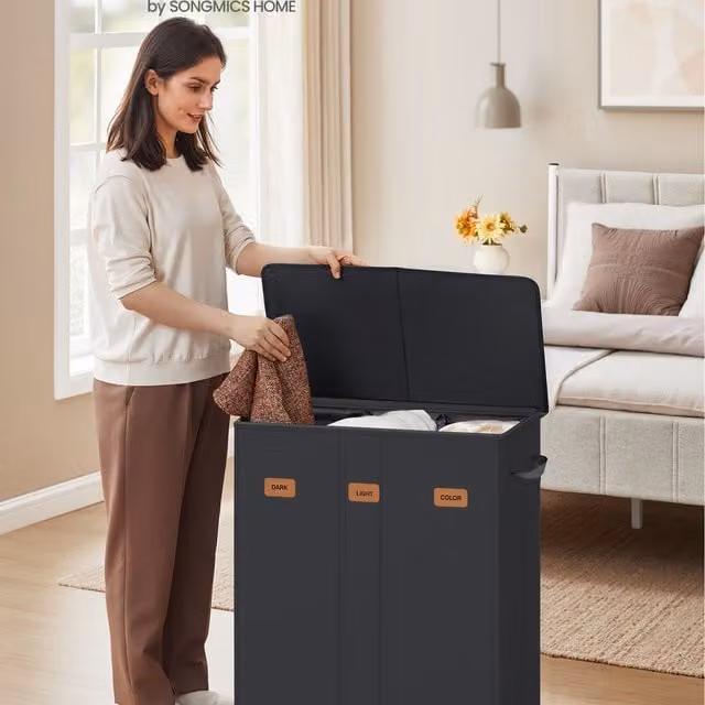 SONGMICS 3-Compartment Laundry Basket with Lid and Removable Bags, Black