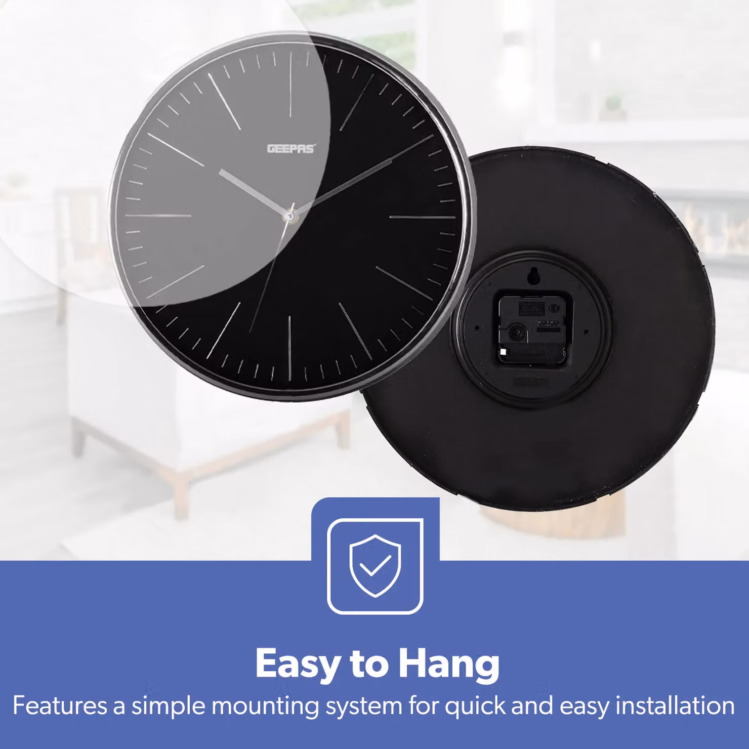 Geepas Silent Non-Ticking Analog Wall Clock, Black and Silver Round Quartz Design – 4