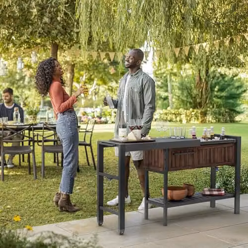 Keter Extendable Party Table in Rosewood, Multifunctional Outdoor and Indoor Serving Station with Slide-Out Shelves, Drinks Cooler, Storage Drawer and Castors – 4