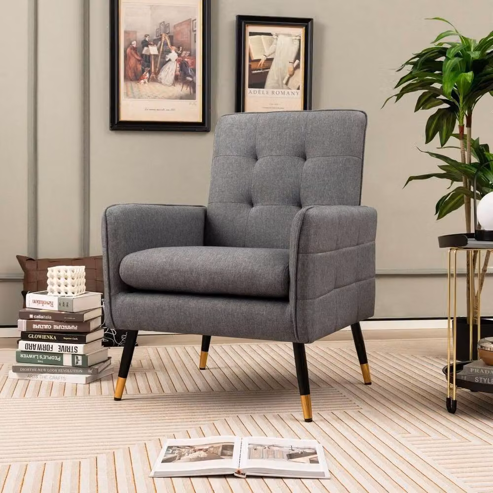Kelvenix Modern Upholstered Accent Armchair in Grey Linen Fabric with Metal Frame – 4