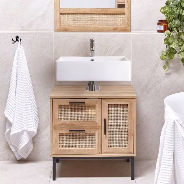 Wyld and Coco Wall Mounted Bathroom Cabinet with Rattan Front, Drawers and Cupboard, Beige and Brown, W/D/H: 60 x 60 x 60 cm