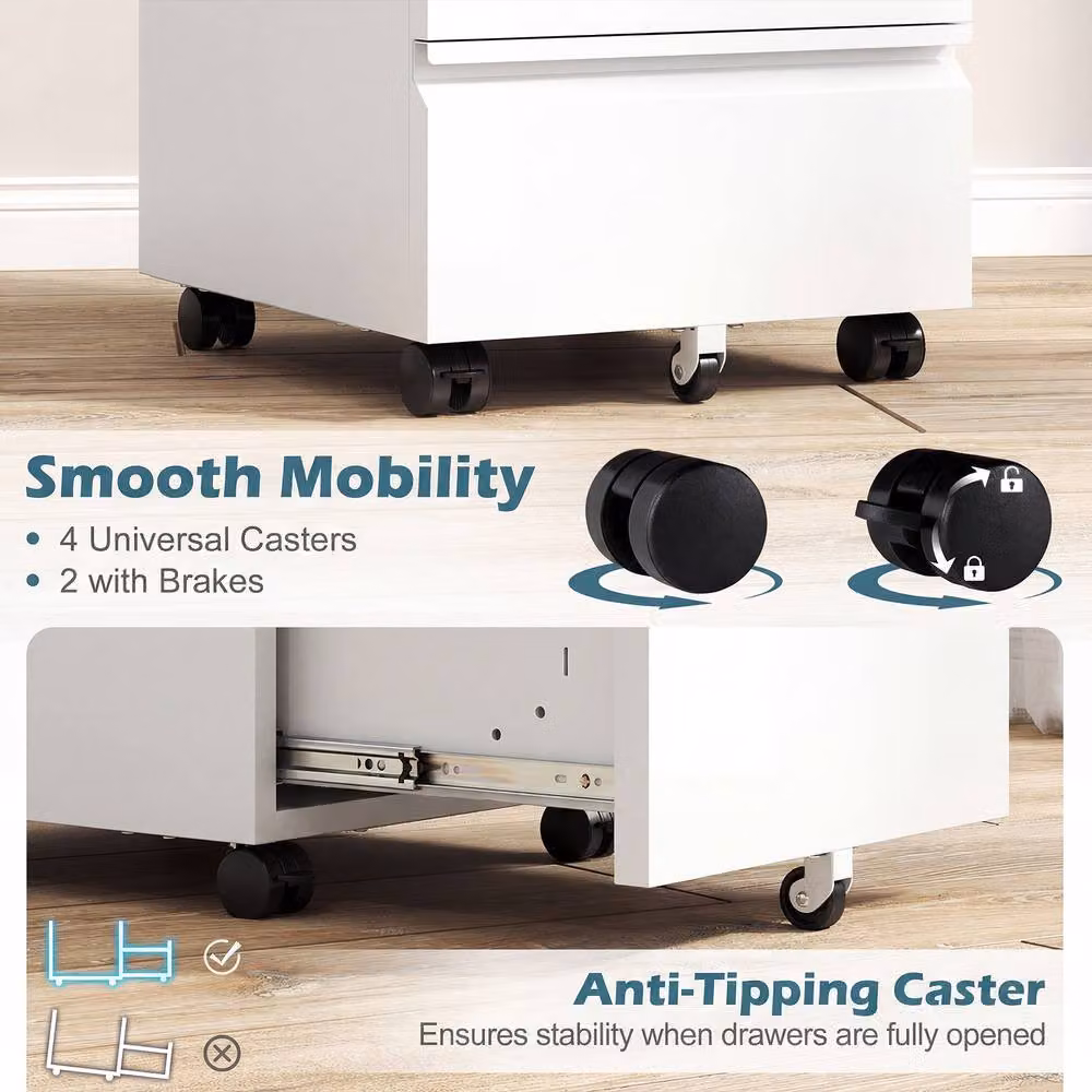 Costway 3-Drawer Mobile Metal Filing Cabinet with Castors and Lock in White – 6