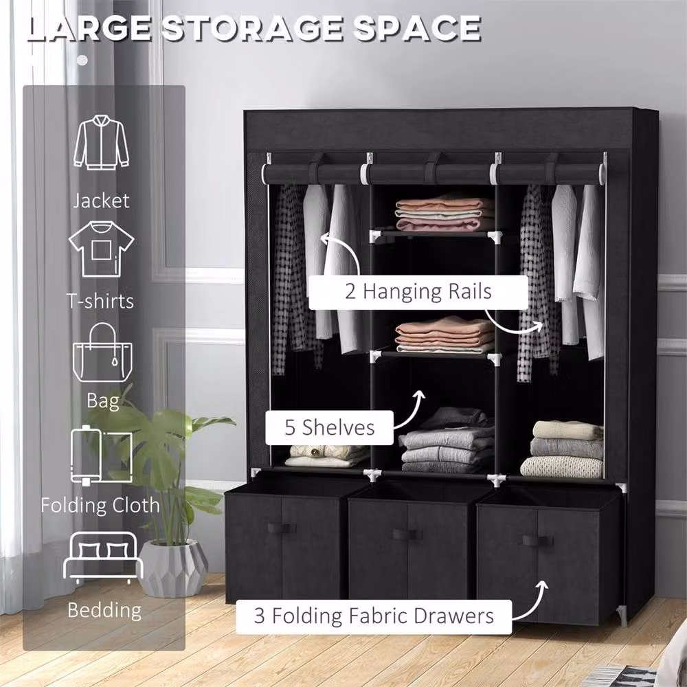 HOMCOM Portable Fabric Wardrobe in Black with Roll Shutter, Hanging Rod, Internal Shelves and Drawers, H 162.5 x W 125 x D 43 cm – 5
