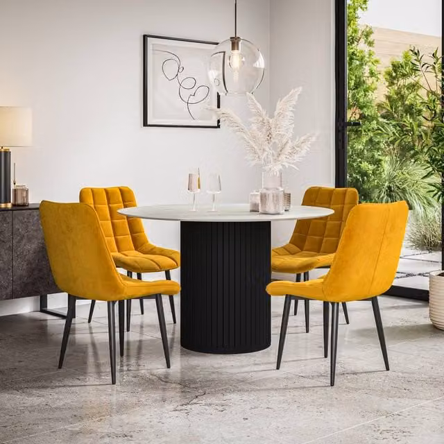 More4Homes Arlo Round White Marble Dining Table with Black Legs and 4 Mustard Nova Velvet Dining Chairs