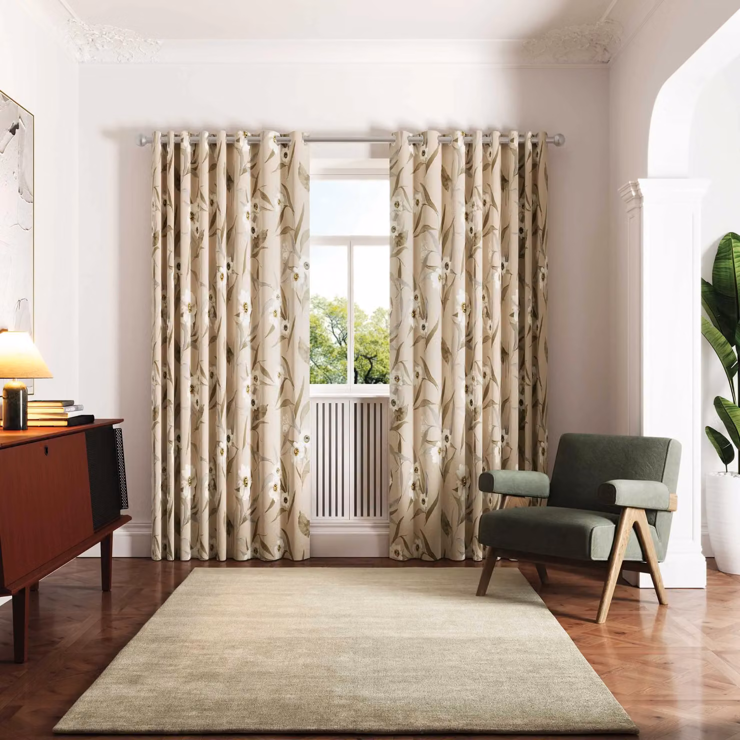 Ted Baker Cabana Floral Cotton Lined Eyelet Curtains in Beige and Silver, W: 167.64 cm, H: 182.88 cm – 2