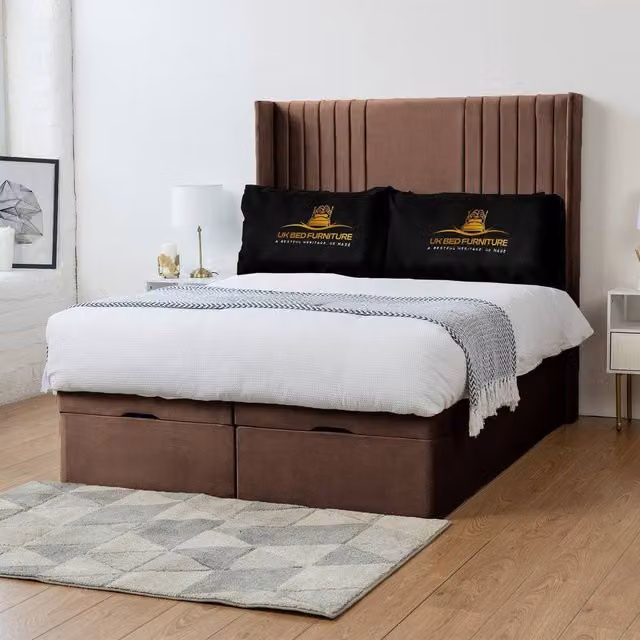 UK Bed Furniture Luxor Wingback Ottoman Bed with 54 Inch Headboard, Brown, W/D/H: 200 x 163 x 137.16 cm – 1