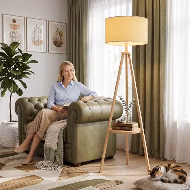 HOMCOM Tripod Bedside Lamp with Beige Linen Shade and Wood Storage Shelf, Height: 45.72 cm – 1