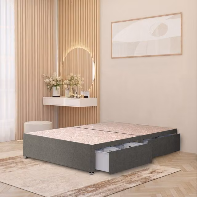 Somnior Beds Ltd Silver Linen Fabric Divan Bed Base with Drawers, W/D/H: 90 x 190 x 34.5 cm