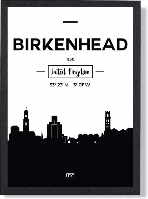 ARTZE Birkenhead Black and White City Skyline Framed Print in Black Frame, Size: A2 – 1