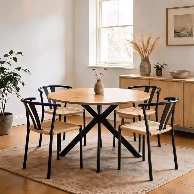 Home Source Eira Round Dining Table and 4 Chairs Set in Oak Effect and Black