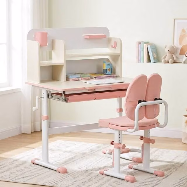 STILVORA Kids Desk and Chair Set with Adjustable Tilting Top and Storage in Pink