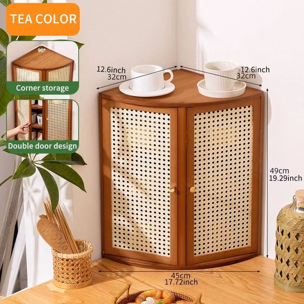 KORVIXA Brown Bamboo Corner Kitchen Cabinet with Plastic Rattan Reticulated Hinged Doors – 2