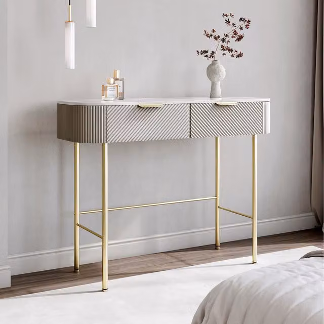 CARME Modern Striped Dressing Table in Brown, Gold and Beige