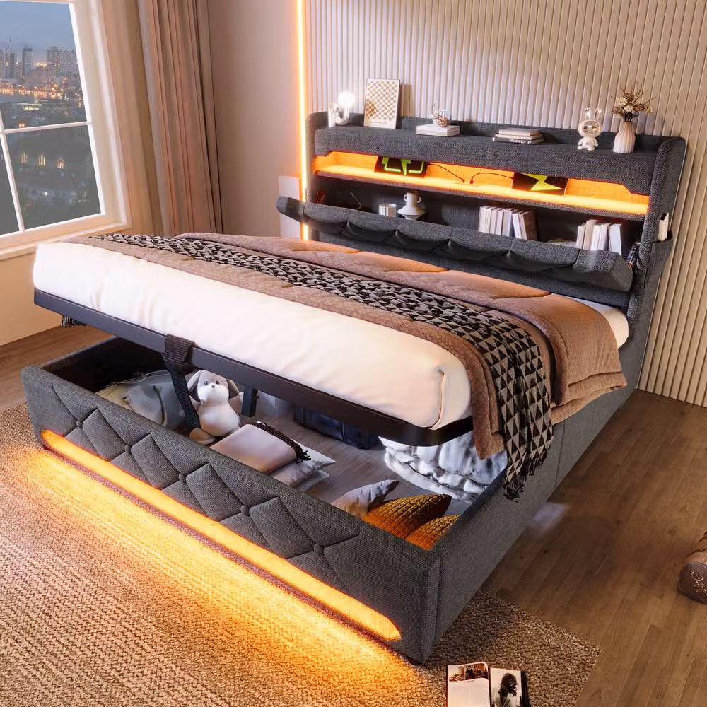 Merax Grey Upholstered Double Bed with Hydraulic Storage, LED Lighting and USB Charging Ports, W/D/H: 140 x 200 x 156 cm – 7