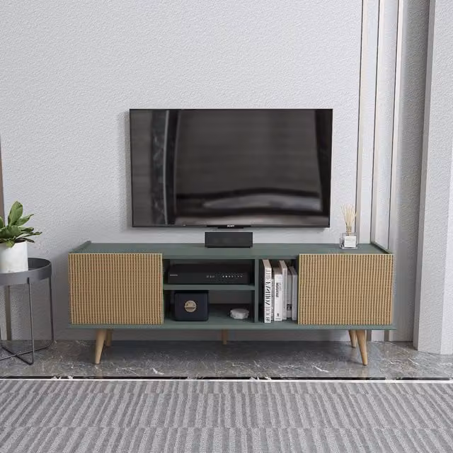 Decorotika Ekvador TV Unit in Brown and Green with Silva and Rattan Pattern