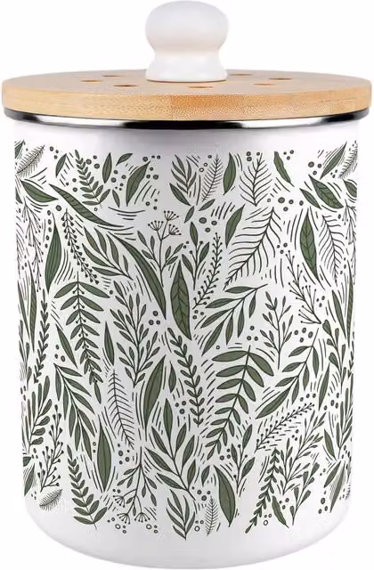 Purely Home Pretty Green Leaves Metal Food Waste Caddy with Flip Lid, 2L, Green and White