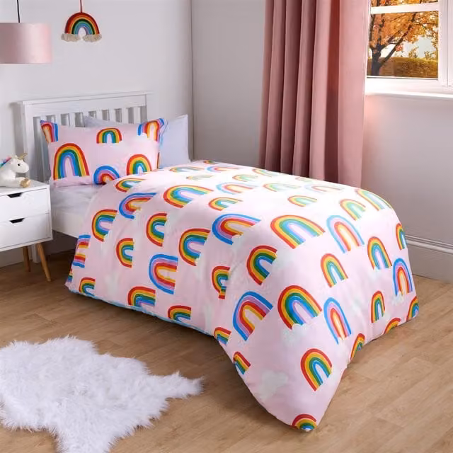 OHS Reversible Graphic Rainbow Print Duvet Cover for Children in Pink and Blue, 90 x 200 cm