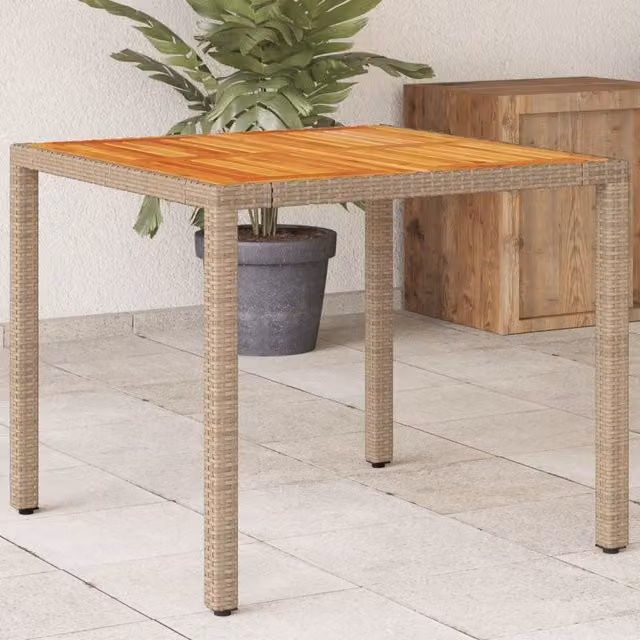 Berkfield Home Modern Garden Table in Beige Poly Rattan and Acacia Wood W/D/H: 90 x 90 x 75 cm – 1