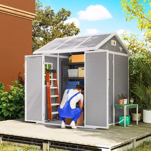 Outsunny Grey Plastic and Metal Garden Shed with Window and Side Vent
