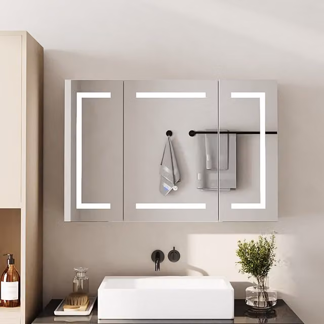 Livingandhome Modern Triple-Door Bathroom Mirror Cabinet with LED Lighting and Anti-Fog Function in Silver