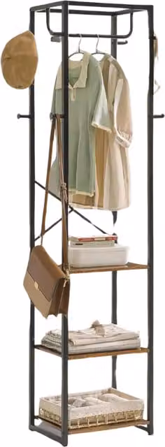 Furnold Industrial Hall Tree with Bench, Dual Hook and Rail Matrix in Brown and Black