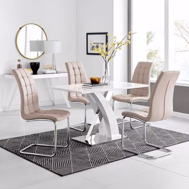FurnitureboxUK Atlanta White Gloss and Chrome Rectangle Dining Table and 4 Murano Dining Chairs in Cappuccino