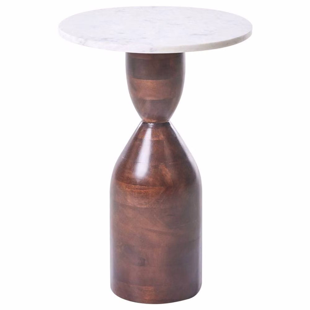 Wyld and Coco Round Side Table with Mango Wood Base and Marble Top in Brown and White – 2