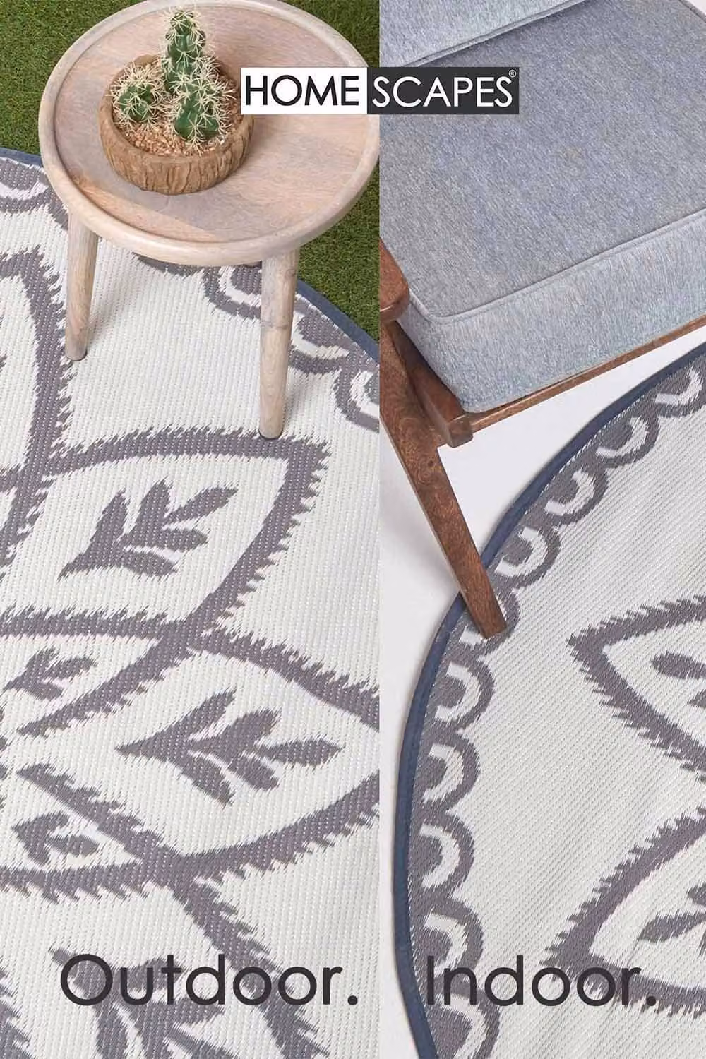 Homescapes Luxury Round Outdoor Rug in Grey and White, Floral Woven Design, Diameter: 180 cm – 2