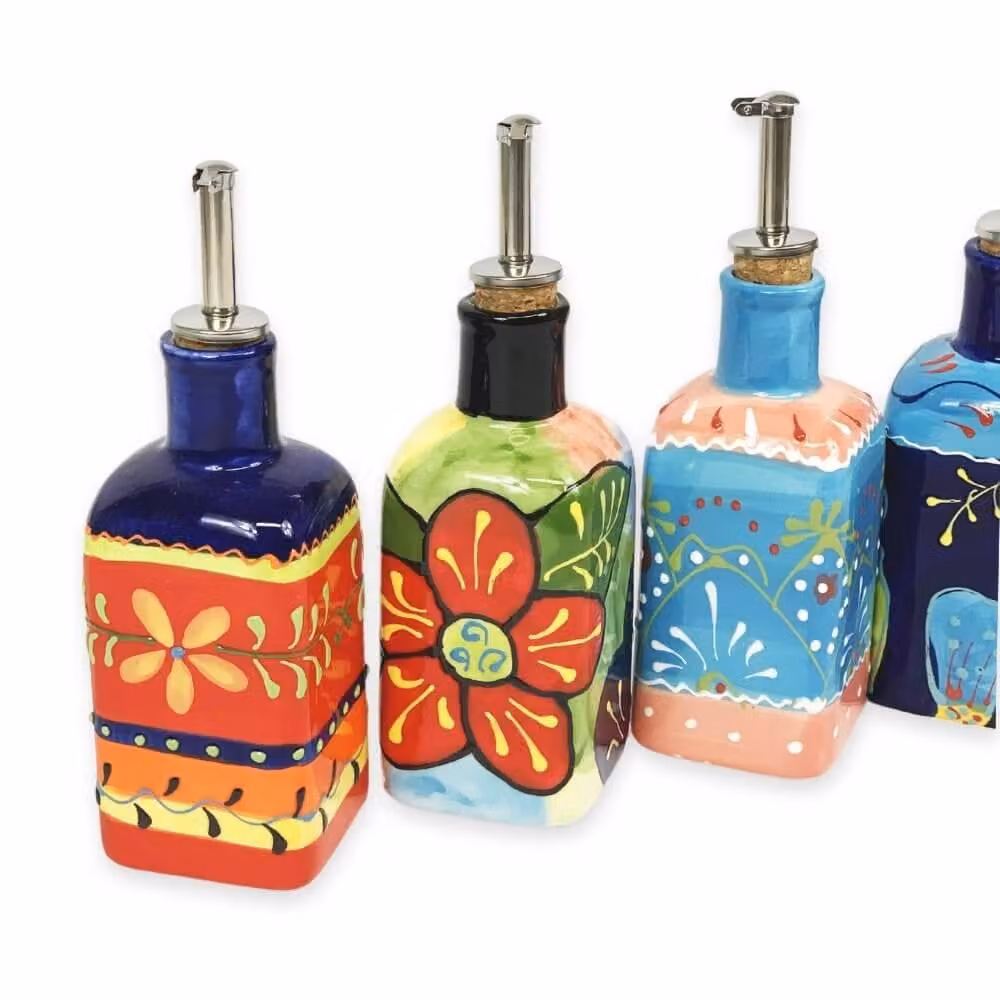Verano Spanish Ceramics Hand Painted Squared Ceramic Oil and Vinegar Drizzler with Cork and Chrome Pourer, 300ml, White and Blue