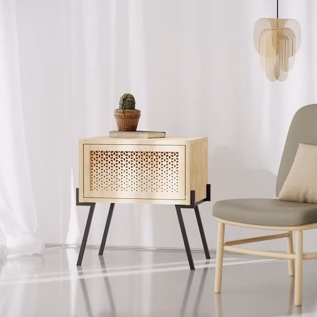FWStyle Oak 1 Door Bedside Cabinet with Metal Legs and Push Design