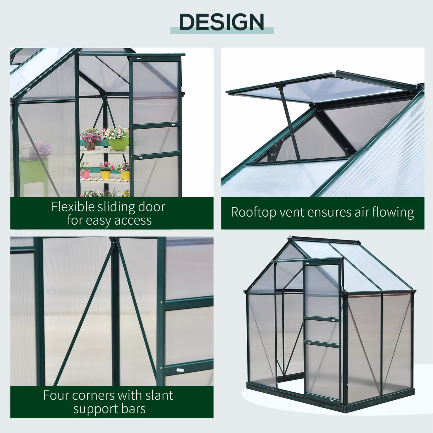 Outsunny Large Walk-In Greenhouse with Polycarbonate Panels, Aluminium Frame and Galvanised Steel Base, W: 1.3 m, D: 1.0 m, H: 2.0 m – 4