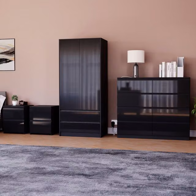 Vida Designs Glinton 4 Piece FSC Certified Modern Glossy Bedroom Set in Black