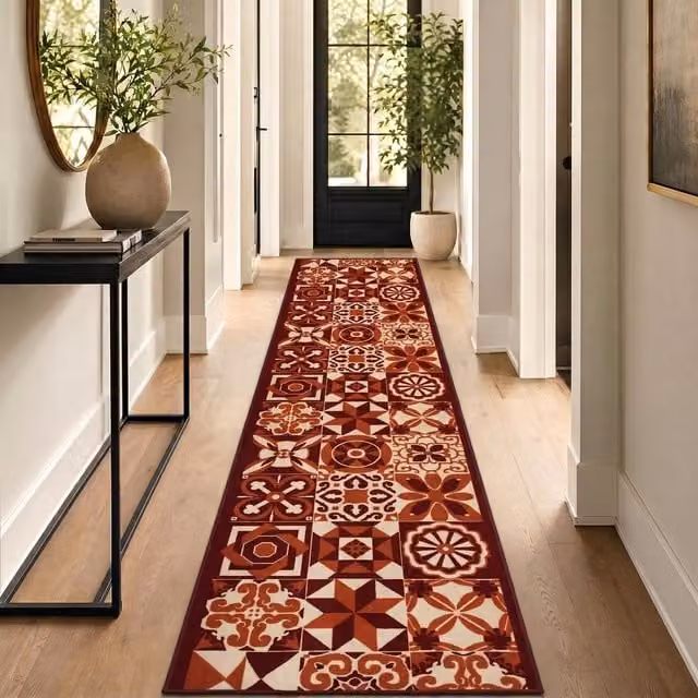 Bravich Geometric Tiles Hallway Runner, Red, Length: 366 cm