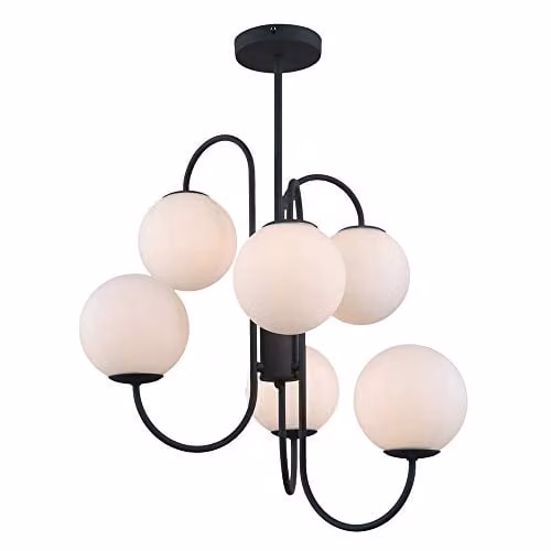 Netlighting Industrial and Retro 6-Light Suspended Pendant Light in Black with White Glass Spheres and G9 Bulbs