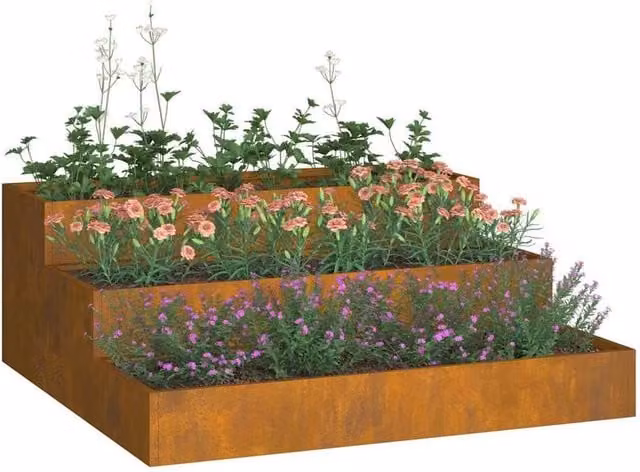 Berkfield Home 3-Tier Modern Garden Planter Tub in Brown and Multicolour Steel, W/D/H: 90 x 90 x 35 cm