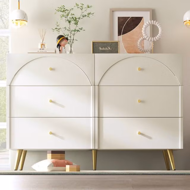 Aosom UK White Sideboard Cabinet with 6 Drawers and Adjustable Height, Wood and Metal Construction, W: 120 cm, D: 40 cm, H: 85 cm