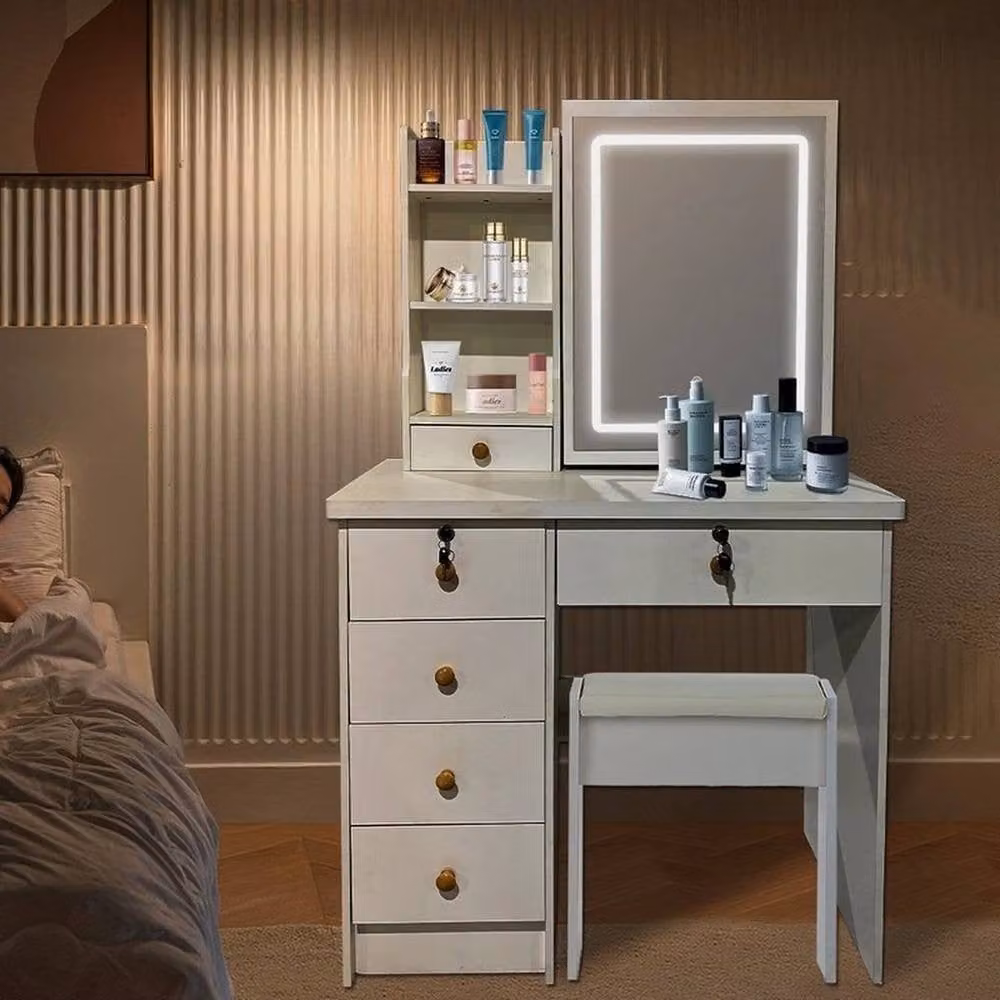 FORGEVIO Modern White Glossy Dressing Table with Mirror – 4