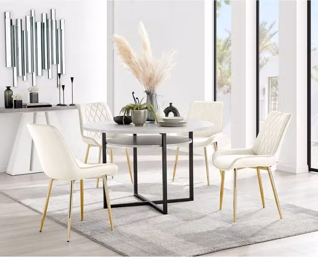 FurnitureboxUK Adley Grey Concrete Effect Round Dining Table and 4 Pesaro Gold Leg Chairs in Cream