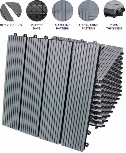 Monstershop 33 Pack Grey WPC Decking Floor Tiles, W/D/H: 30 x 30 x 1 cm per tile