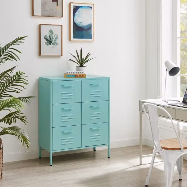 FurnitureboxUK Teksi Modern Industrial Metal 6 Drawer Sideboard in Blue and Turquoise