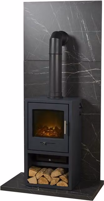 Acantha Fires & Fireplaces Black Marble Effect Tile Hearth Set with Bergen XL and Tall Angled Pipe – 1