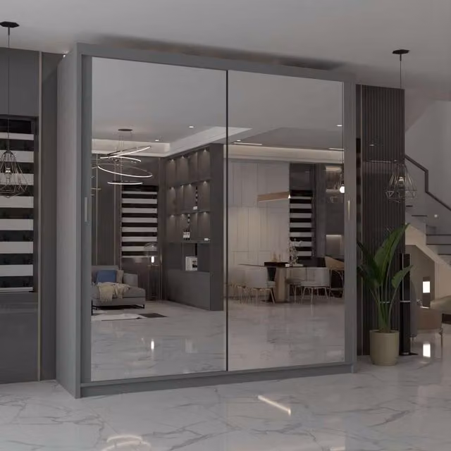 MN Furniture Cuba Sliding Mirror Wardrobe with Integrated LED Lighting, Grey, W: 150 cm, H: 217 cm