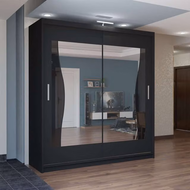 MN Furniture Basel Black Glossy Sliding Wardrobe with LED Lighting and Mirror, W/H: 120 x 217 cm – 1