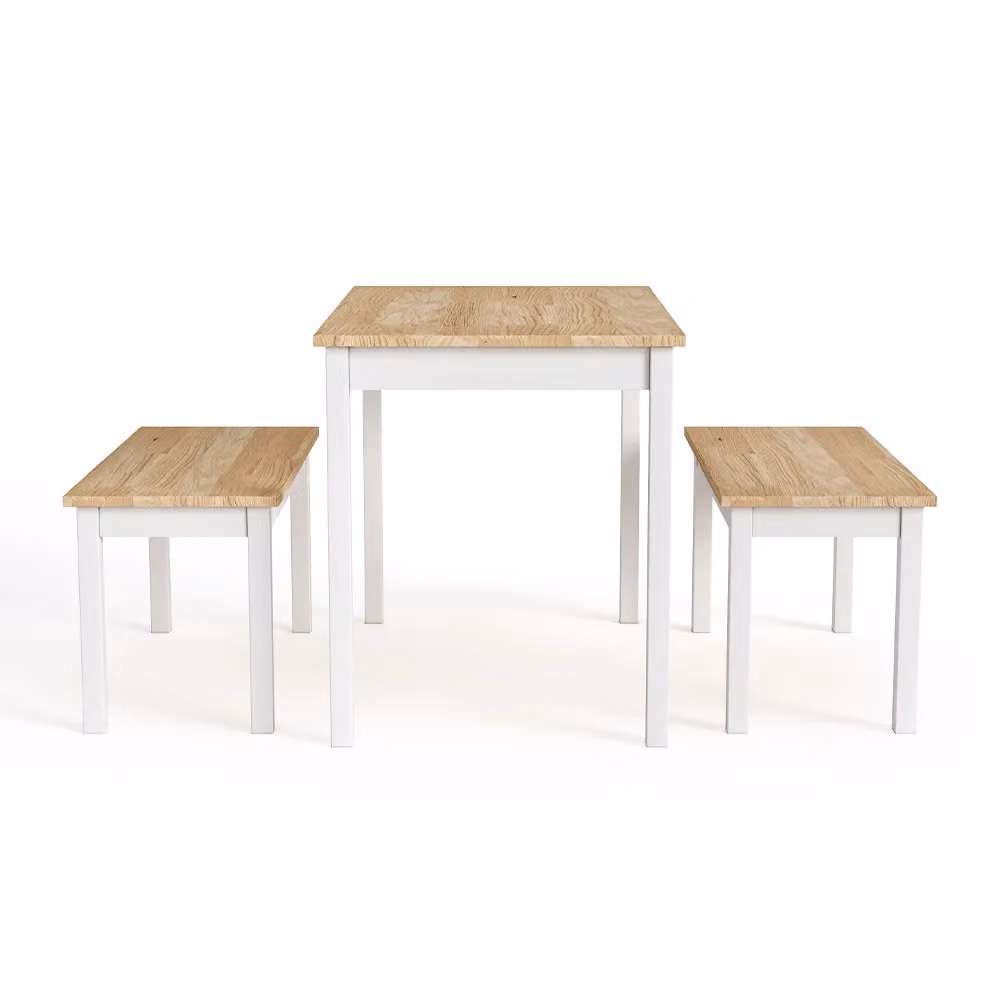 Living and Home Modern Rectangular Pine Dining Table and 2 Benches Set in Natural Wood – 2