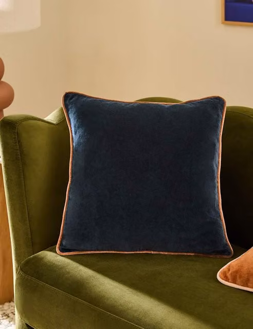 MADE Bailey Navy Blue Brushed Cotton Velvet Piped Square Cushion