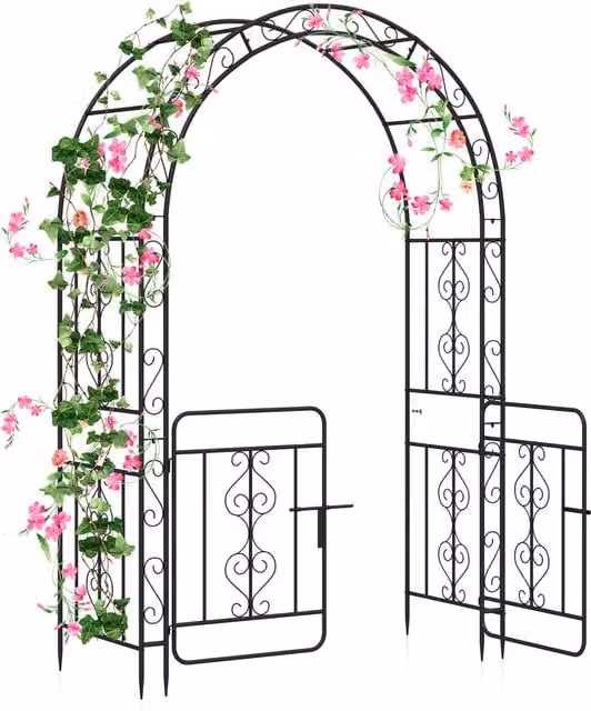COSTWAY Classic Metal Garden Arbor with Gate in Black