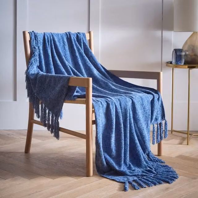 Portfolio Home Malmo Blue Textured Chenille Throw Blanket with Tassels, W: 127 cm, L: 152 cm