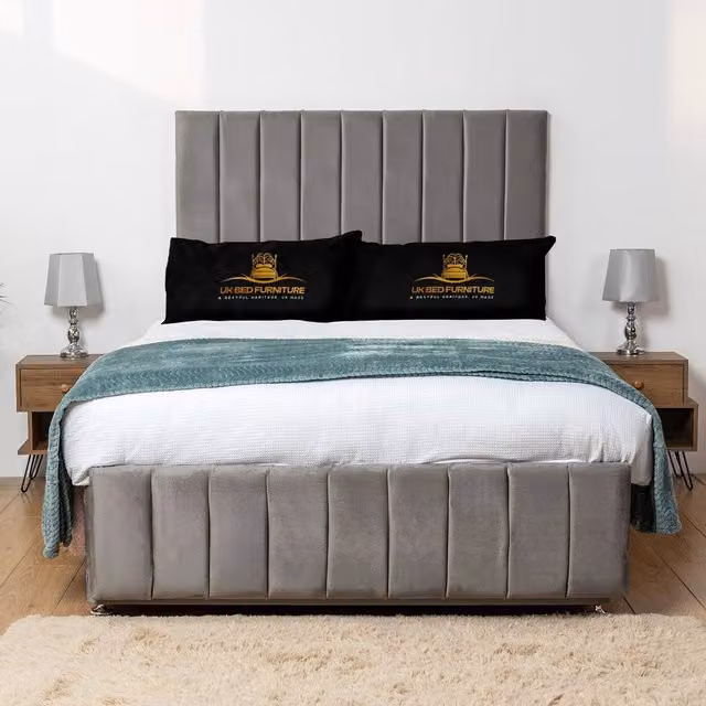 UK Bed Furniture Falcon Divan Bed Base with 26 Inch Headboard, Grey Velvet Fabric, Super King, W: 200 cm x D: 200 cm